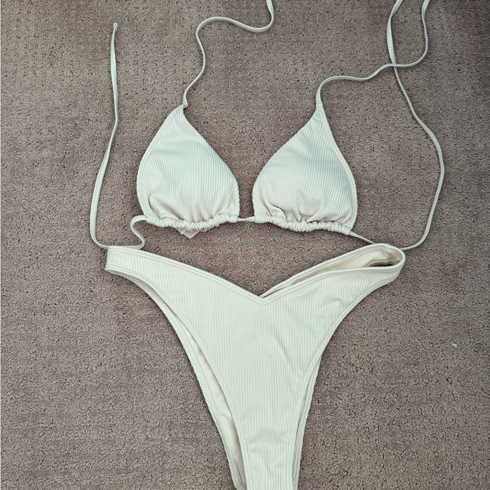Light Cream Ribbed Triangle Bikini Set - Women's Swim
